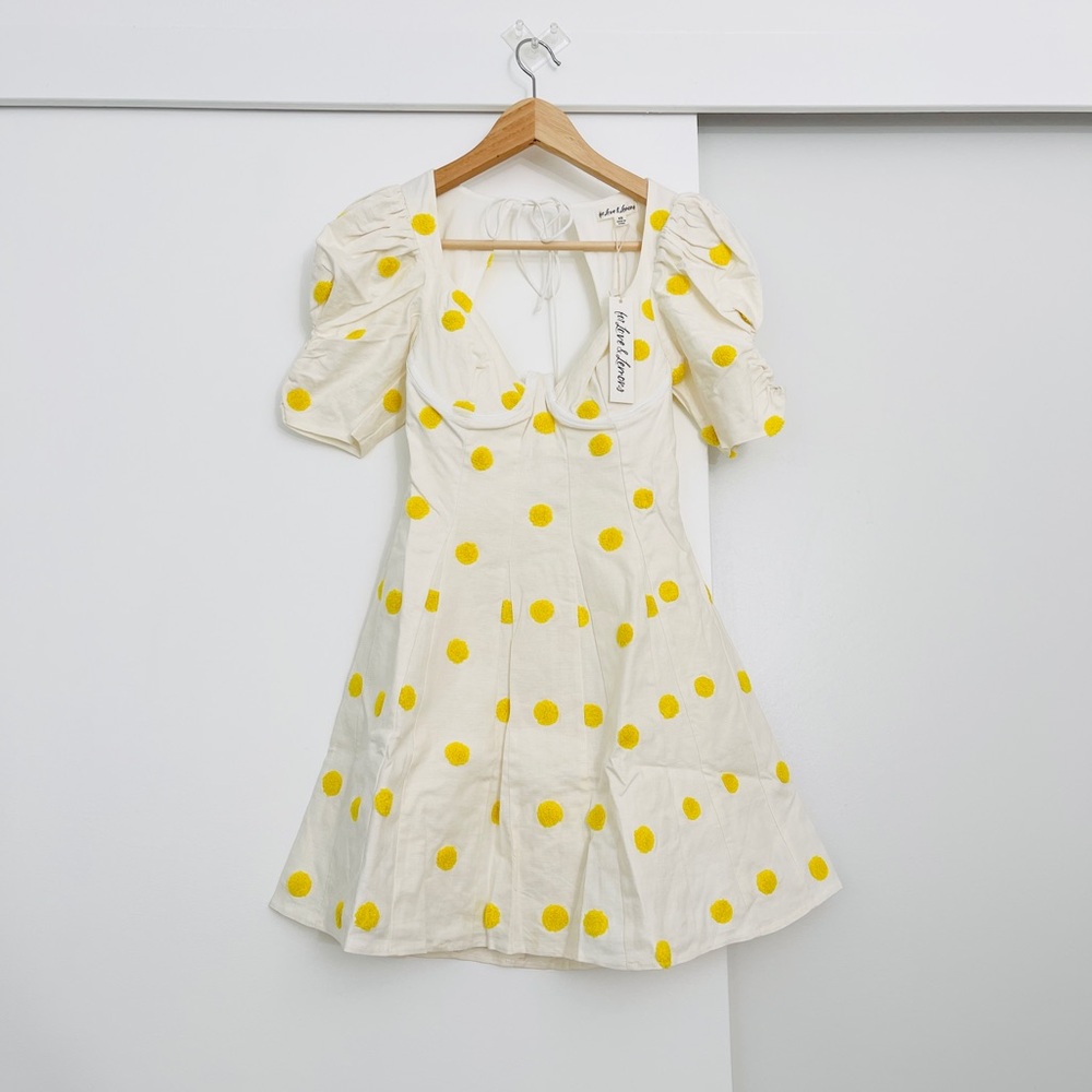 NWT For Love and Lemons Claude Mini Dress Polka Dot Linen Blend Size Medium